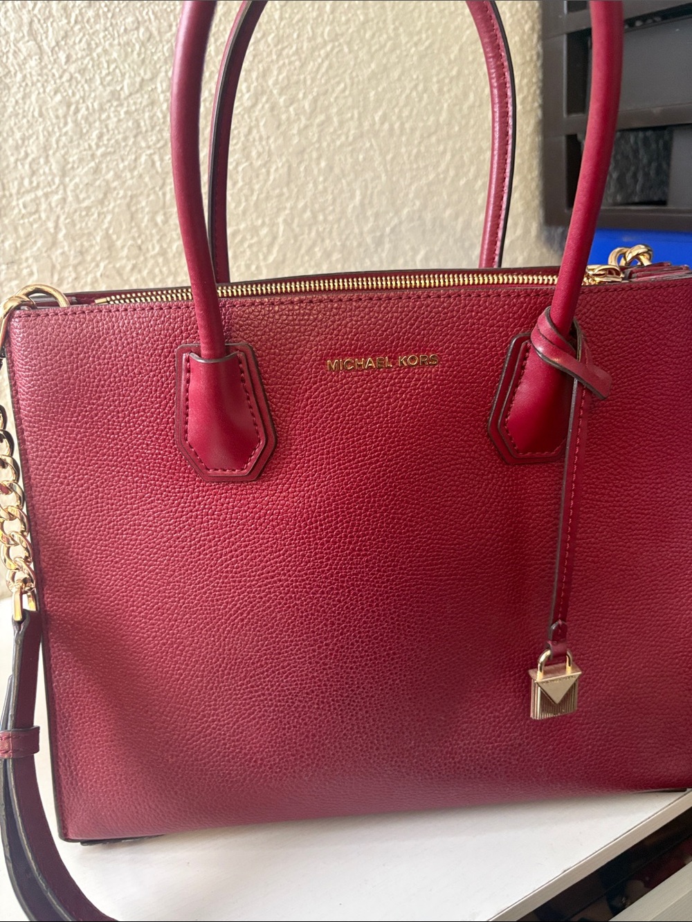 Michael Kors maroon Leather Tote with Gold Accents